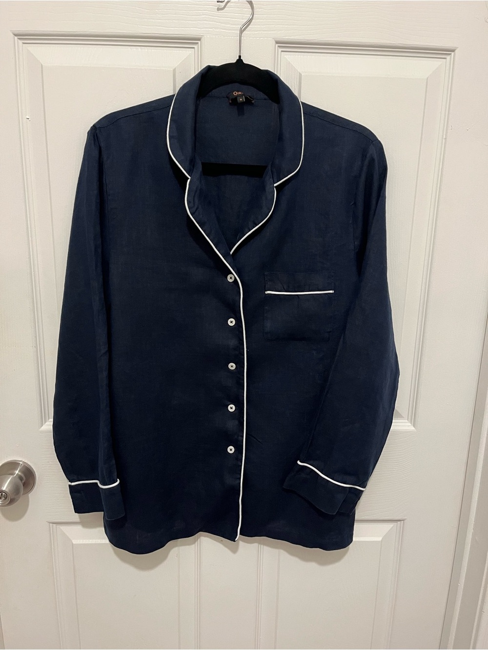 NWOT Quince Women's 100% European Linen Long Sleeve PJ Top Piping Deep Navy S